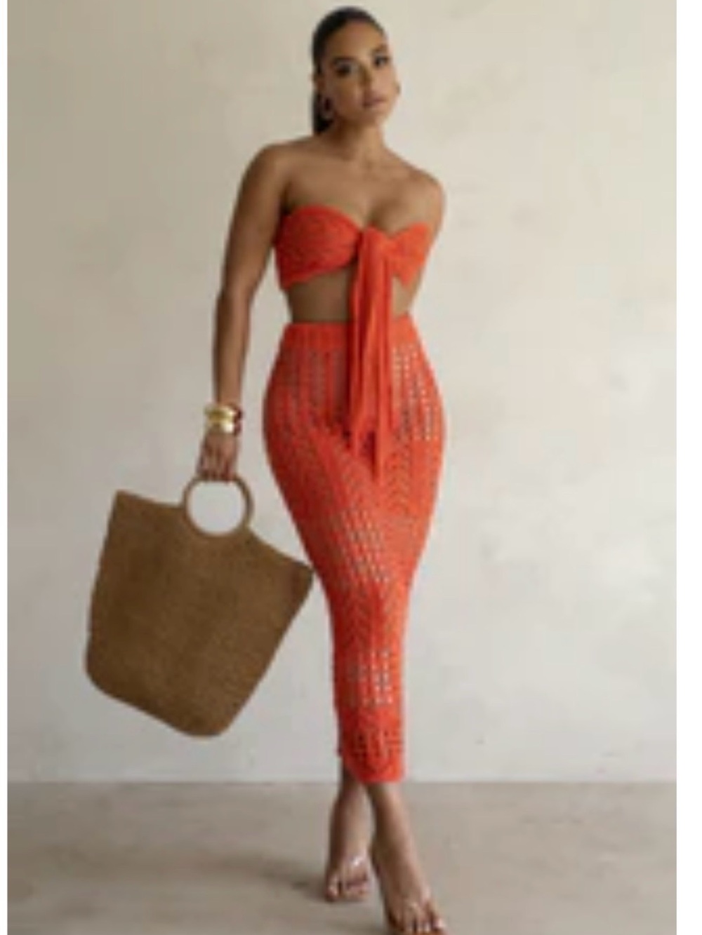 JLUXLABEL Orange Strapless Crochet Two-Piece Dress Set